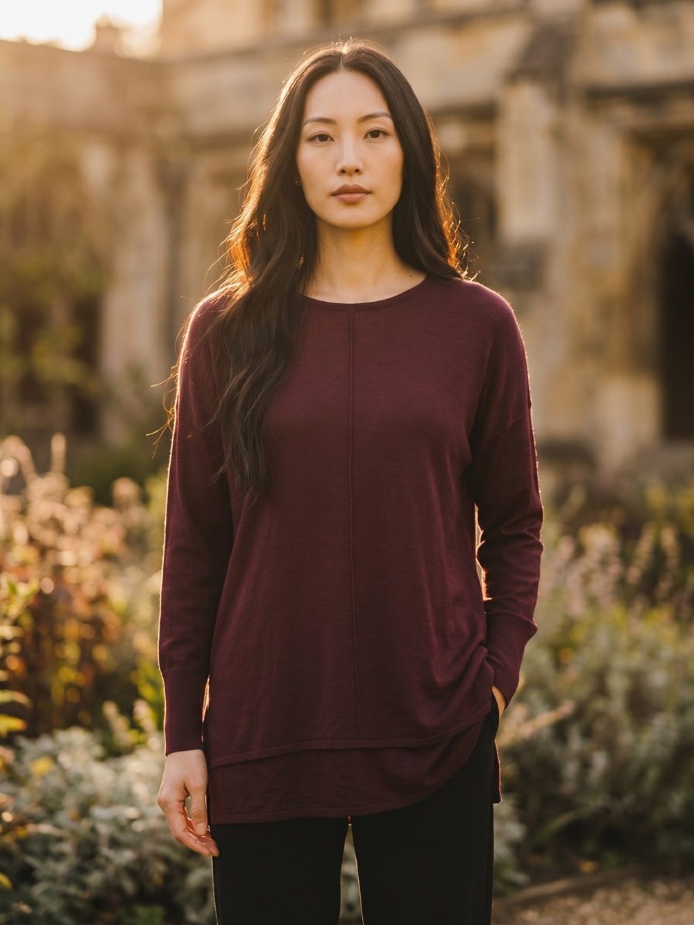 H&M Maroon Long Sleeve Hi-Low Top Size S